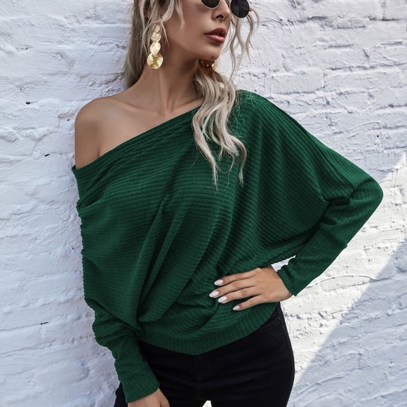Tops - off shoulder fall ribbed long sleeve knit green